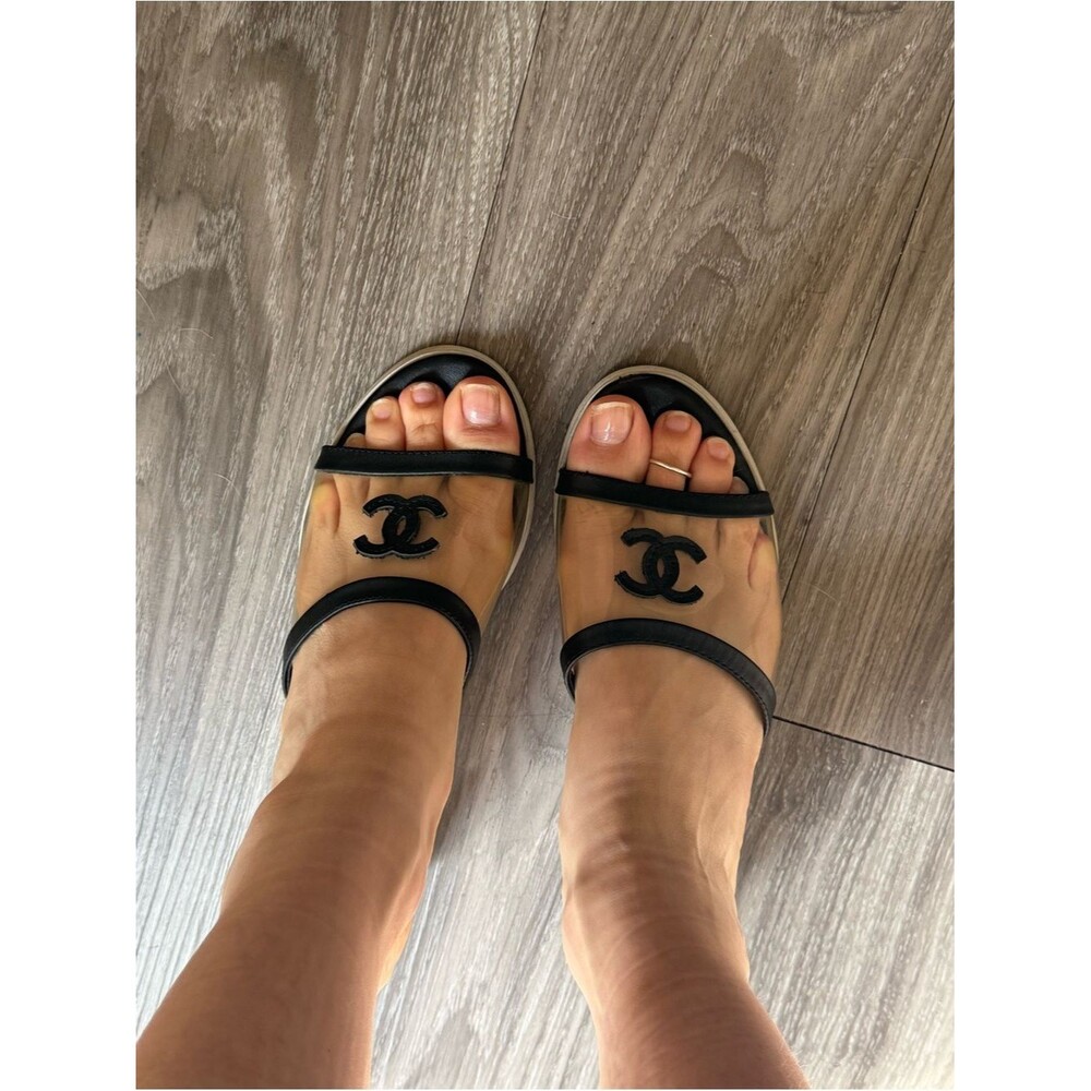Chanel 2019 PVC CC Logo Lucite Block Heel Slide Sandals Black Clear IT 36